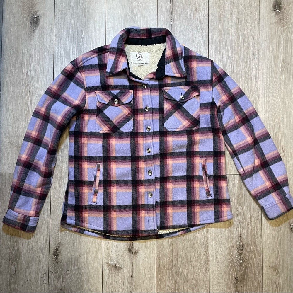 SAGE Collective Purple Plaid Sherpa Lined Shacket Jacket M Cozy Flannel - Picture 2 of 7